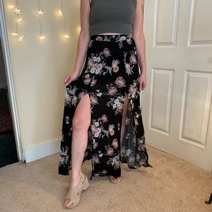 Long Floral Skirt with Leg Slits